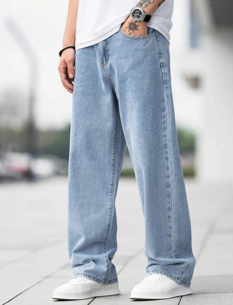boy wearing sky blue baggy jeans